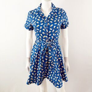Eva Rose Blue Dog Print A-Line Belted Shirt Dress Size M Retro Pin Up 50s